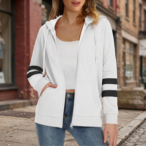 <b>Women's</b> White Hooded Zip-Up <b>Fleece</b> Sweatshirt <b>Black</b> Stripes Sleeves Casual Knitted 100% Cotton Printed Winter Solid 420g Front - Product Image 4