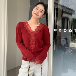 Maglione Cardigan in Cashmere personalizzato con scollo <span class=keywords><strong>a</strong></span> V in pizzo da <span class=keywords><strong>donna</strong></span> in puro Cashmere - Product Image 1