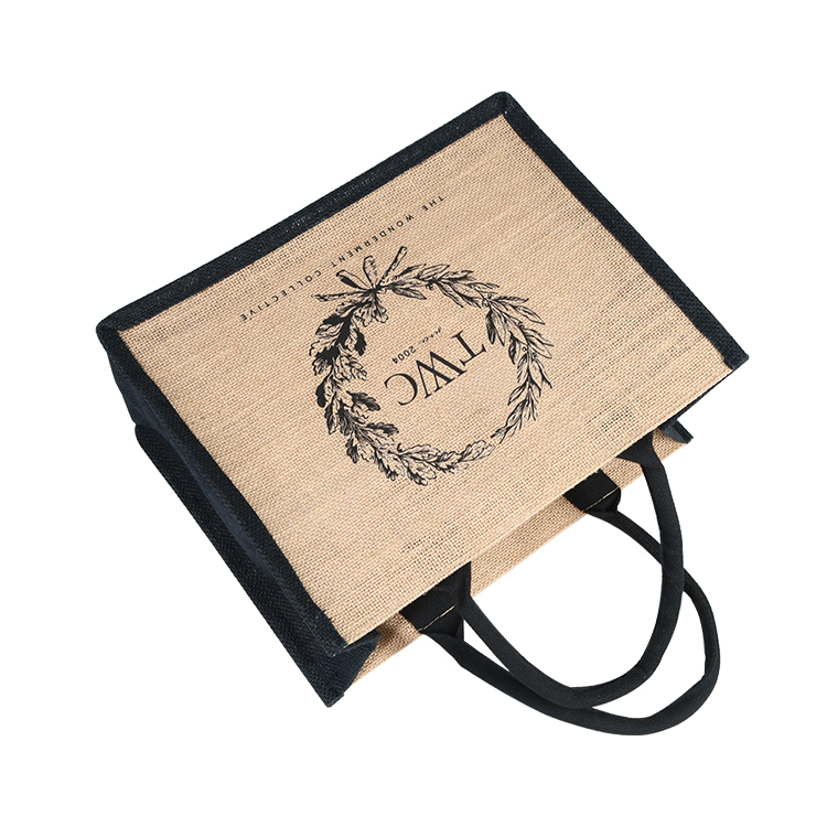 Custom Silk Screen Printing Black Jute Tote Bag With White Logo Printed