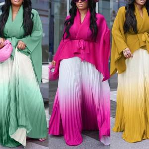 ชุดเซ็ต 2 ชิ้น เสื้อพิมพ์ลายจีบพลีทสไตล์แอฟริกา มิยาเกะ กระโปรงทรงสวิงไล่เฉดสี แฟชั่นสำหรับผู้หญิง - Product Image 2