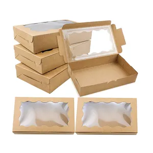 กล่องบิสกิตคราฟท์พร้อมหน้าต่างใสภาชนะกล่องคุกกี้ขนาดเล็กสำหรับบรรจุภัณฑ์ขนมขนมขนมขนม
