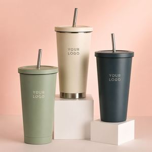 Tasse de voyage isotherme en acier inoxydable écologique et moderne de 12oz, 16oz, 20oz, 24oz avec paille et couvercles - Product Image 1
