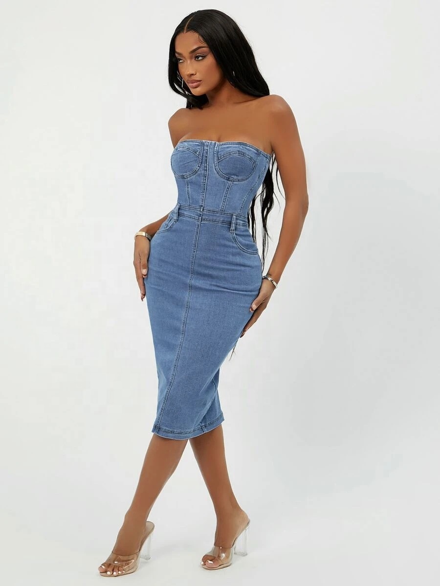Shop Our New Women's Split Hem Tube Denim Bodycon Dress