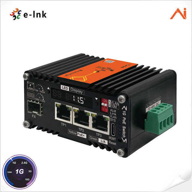 Mini Industrial AI Smart Managed PoE+ Fiber Switch 3-Port Gigabit PoE RJ45 1 SFP Slot DIN-Rail DDM VLAN 9-54VDC -40~75℃