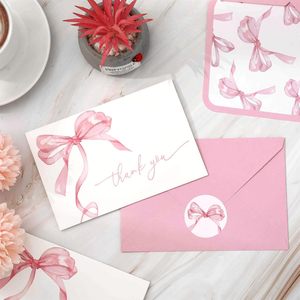 Tarjetas de agradecimiento con lazo rosa, sobres y pegatinas, tarjetas de felicitación en blanco con efecto acuarela, acabado mate elegante, forma rectangular - Product Image 3