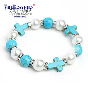 Pulseira de pérolas unissex jesus, bracelete com pingente cruz turquesa azul, preto, com pedra de lava, pulseira para casal