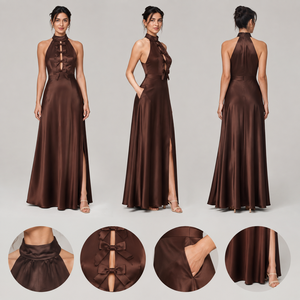 Robe de soirée longue en satin pour femme, style licou, avec nœud et découpe frontale, fente haute, poches, idéale pour demoiselle d'honneur ou soirée formelle - Product Image 3