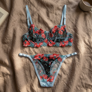 Eyyo Blue Floral Detail Lingerie Set High-Rise Front Closure <b>Bra</b> Padded Embroidered <b>Cup</b> Sheer Thongs Bow Decor XL Size - Product Image 3