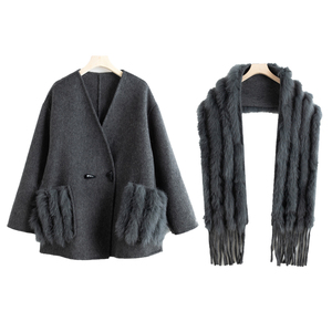 YRW025 vente directe d'usine accepter personnalisé faire luxe 100% <span class=keywords><strong>laine</strong></span> veste femmes élégantes manteau avec fourrure de renard châle 2 voies Style - Product Image 1