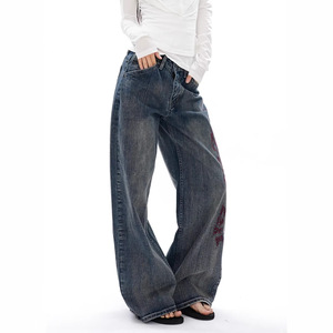 Jeans Americani Vintage Ricamati a Gamba Larga Curva, Vita Alta, in Denim di Bambù, Stile Casual e Streetwear - Product Image 1