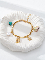 Bracelet Vintage Bleu Turquoise Pierre Coquillage Étoile de Mer Été Plage Style Charmes Bijoux pour Femmes Motif Fleur Bouddhiste