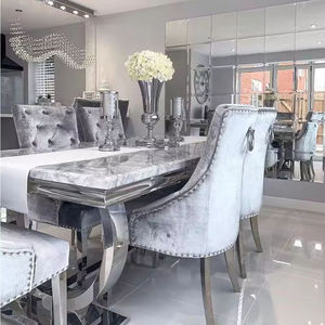 Chaise de salle à manger moderne de luxe élégante à dossier haut, assise en velours capitonnée, pieds en acier inoxydable, gris argenté, mobilier de maison durable - Product Image 5