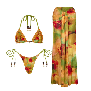 Retro Fashion Beach Three-Piece <b>Set</b> <b>Sexy</b> Tie-Back Floral Print Bikini Beaded Trim Seaside Vacation Outfit - Product Image 1