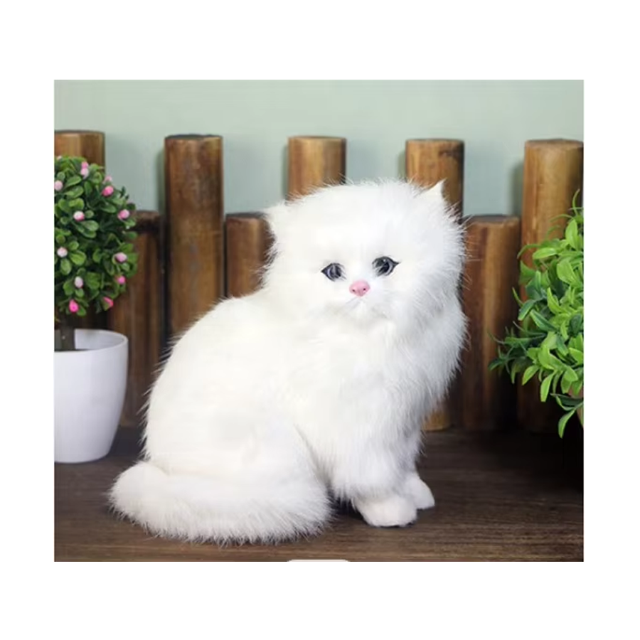 White Plush Cats Lifelike Crouching Animals Models
