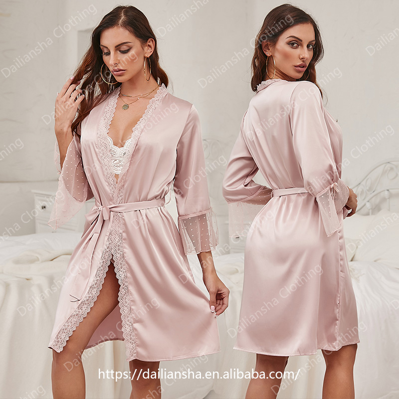 sexy lingerie robes Women Satin Silk Lace Robe Sexy Lingerie Dress Nightie Gown Sleepwear  Pajamas
