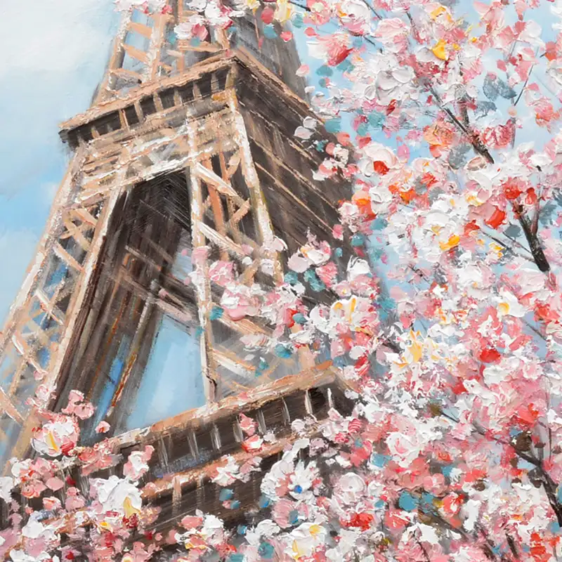 Paris Spring Eiffel Tower Oil Painting Acrylic Painting Flower Cherry Blossom Pink For Home Decor
