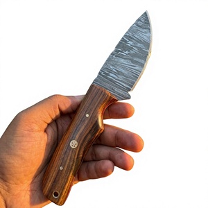 Cuchillo de acampada de hoja fija con punta de caída de acero de Damasco y mango de madera de 20 cm, cuchillo de supervivencia para exteriores DIY - Product Image 1