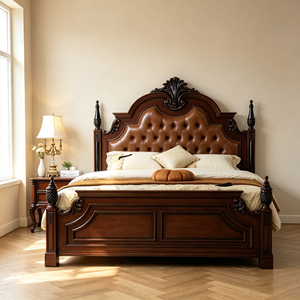 Traditional Queen Size Solid Mahogany Bed with Genuine Leather Tufted Upholstery and Carved Wood <b>Frame</b> - Product Image 4