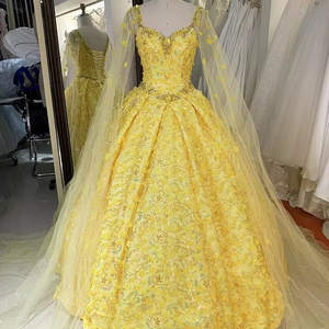 Nouvelles robes de soirée courtes jaunes à fleurs, robes de bal Quinceanera pour jeunes filles, robes Quinceanera - Product Image 1