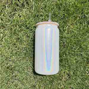 Custom Logo Rhinestone Bamboo Bling <b>Lid</b> 16Oz Sublimation Shimmer Glass Can With <b>Lids</b> <b>and</b> <b>Straws</b> - Product Image 2