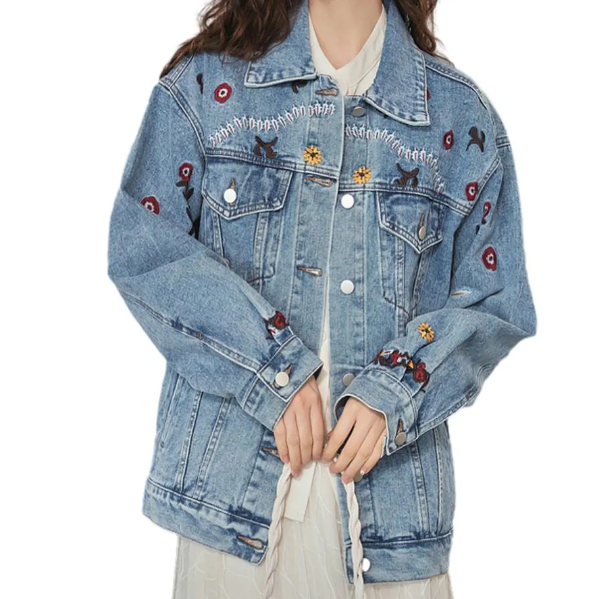 Großhandel benutzerdefiniert blumen gewaschen jeans jacken kinder bestickte denim jacke für mädchen