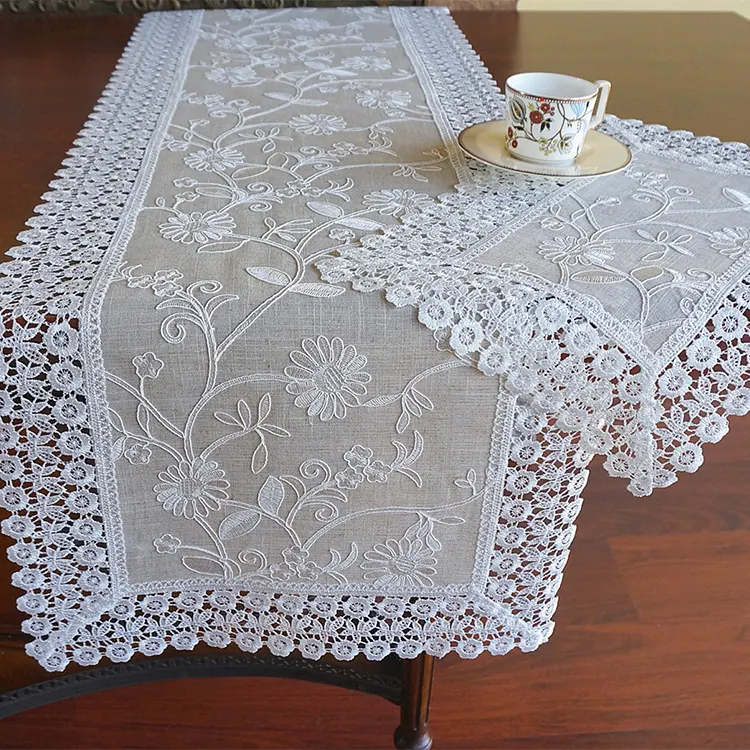 Manteles de tela de encaje bordado blanco duradero, para boda y comedor