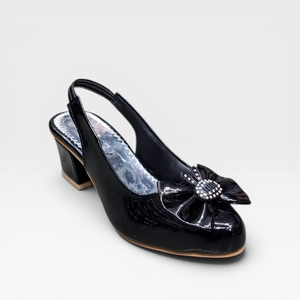 Black Patent Leather Slingback Heeled <b>Sandals</b> With Floral Bow Mid Block Heel Elegant Dress Shoes All Seasons Wear - Product Image 1