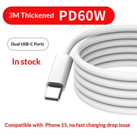 Câble de données pour téléphone portable 3M à faible MOQ, en nylon tressé, USB-C vers USB-C, charge rapide PD60W, gris et blanc, grande longueur