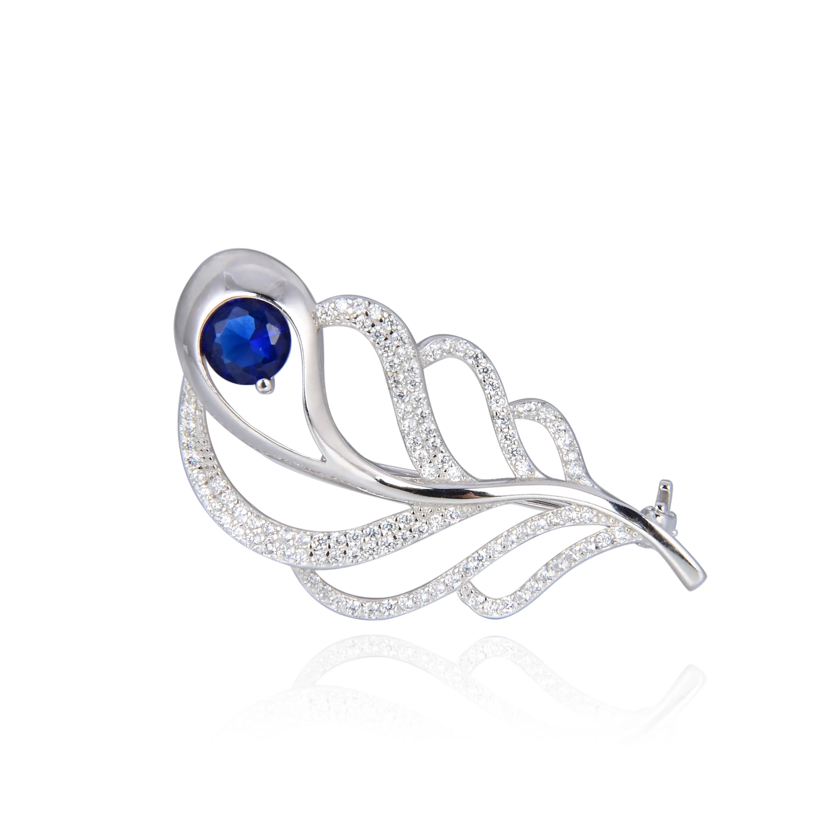 DiFeiYa 925 Sterling Silver Feather Designer Blue Gem Color With AAA Cubic Zircon Stone Unisex Brooch For Party