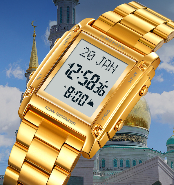 SKMEI #2277 Steel Azan Qibla Watch Muslim Prayer Reminder Time Watch Waterproof Religious Products