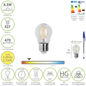 Lampadina a Filamento LED Sferica, Attacco E27. 4,5 Watt. Equivalente a 35 Watt. 470 Lumen. Bianco caldo 2700K. - Product Image 1