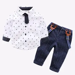 春秋男の子服セットネクタイシャツストライプサスペンダーパンツ2PCSセット新生児男の子紳士スーツ服衣装
