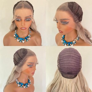 Perruque longue blonde ombrée en dentelle, perruques synthétiques faites à la main pour femmes, taille moyenne avec frange - Product Image 6