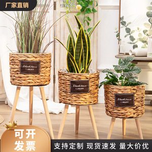 Woven flower pots, straw flower <b>baskets</b>, rattan floor-standing wooden tall flower stands, living room decorations, reed woven - Product Image 5