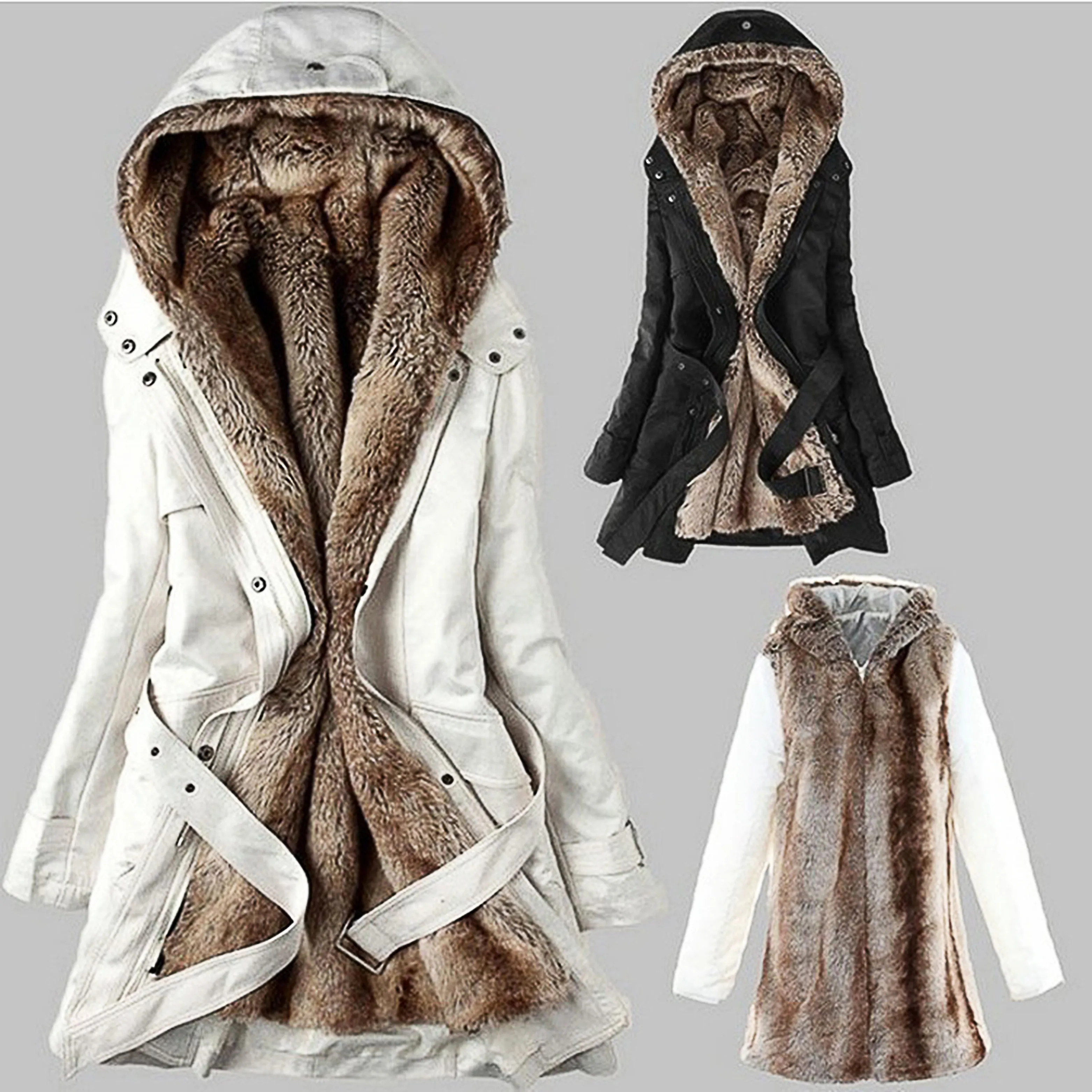 Women Winter long Cotton Padded Coat Parka Down Jacket Fur Collar Hooded Outwear