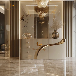 Luxury Curved Gloss <b>Console</b> Cabinet Unique Wavy <b>Gold</b> Metal Spacious Storage Space Minimal Modern Residential Entrance - Product Image 3