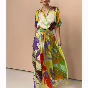 RedPeony, elegante, Media manga larga, conjunto de vestido largo para mujer, Vestido camisero holgado estampado de seda de primavera y otoño a la moda