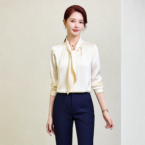 Women's Satin Blouse With Tie Neck Full Sleeve Elegant Work Shirt For Office Wear Green - Product Image 2