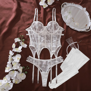 Women's Backless Mesh Lingerie Set With 3D Applique Sexy Cut-Out See-Through Corset Bra & Panty Set With <b>Stocking</b> - Product Image 6