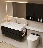 Meuble-lavabo mural moderne en bois massif noir résistant à l'eau avec vasque intégrée et miroir LED intelligent