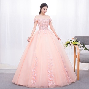 Off The Shoulder Floral Tulle Evening Dress Nude Pink Empire Waist Formal Gown For Wedding Party Coming Of Age Ceremony - Product Image 2