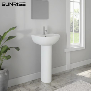 450 Piédestal de lavabo de salle de bain Lavabo à <span class=keywords><strong>main</strong></span> en céramique blanche moderne Piédestal complet Lavabo rond - Product Image 1