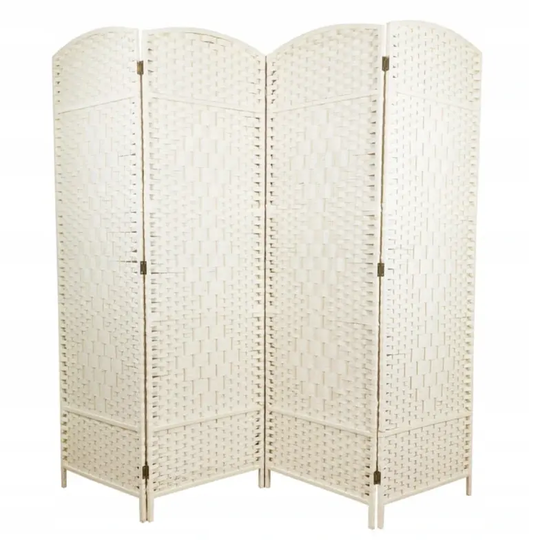 Antique Cream Color Folding Paper Rope Woven Room Divider Screen