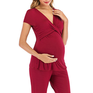 Set di due pezzi di maternità in bambù Super morbido Set da donna incinta maglietta per l'<span class=keywords><strong>allattamento</strong></span> e pantaloni lunghi che allattano indumenti da notte - Product Image 2