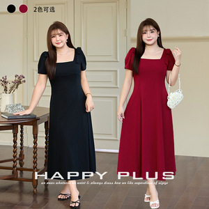 เดรสทรงเอไลน์คอเหลี่ยมสไตล์ฝรั่งเศส สีแดงไวน์ ไซส์พลัส แขนพอง ผ้าทอ เหมาะสำหรับใส่ทำงาน - Product Image 5