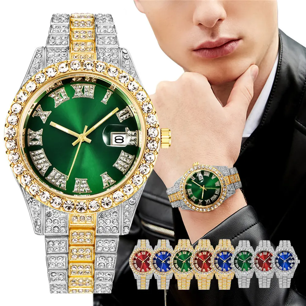 Orologi da uomo in acciaio inossidabile con grandi strass e diamanti, calendario in scala romana, orologio con diamante pieno oro verde