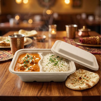 Boîte à lunch rectangulaire compostable en bagasse de canne à sucre certifiée BPI, 1250 ml, 2 compartiments, compatible micro-ondes, réutilisable, avec couvercle, vente en gros
