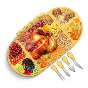 Tabla de cortar queso de bambú con juego de cuchillos, tabla de charcutería de madera maciza para fiestas y reuniones, forma irregular, acero inoxidable - Product Image 1
