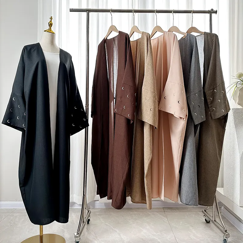Groothandel Kalkoen Eid Bescheiden Dubai Abaya Meisje Moslim Vrouwen Jurk Luxe Maan Borduurwerk Mouwen Linnen Kimono Open Abaya