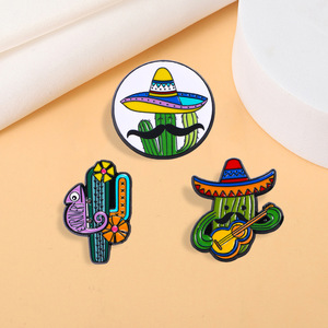 Juego de Pines Esmaltados de Aleación de Zinc con Cactus Estilo <span class=keywords><strong>Mexicano</strong></span> Personalizados - Fabricante YINI Venta al por Mayor - Pines de Sombrero y Guitarra con Cactus de Arte Impreso - Product Image 1